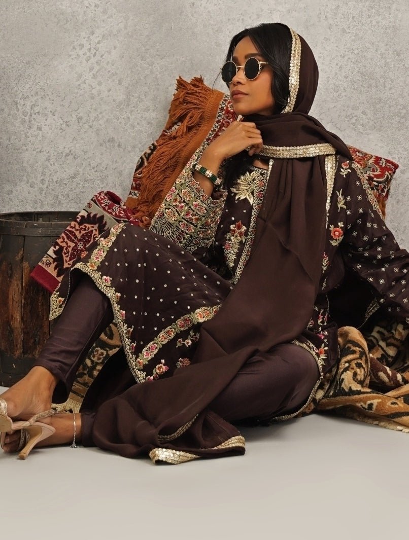Brown Embroidered Silk Kurta Set Kapda Dori - Fabilicious Fashion