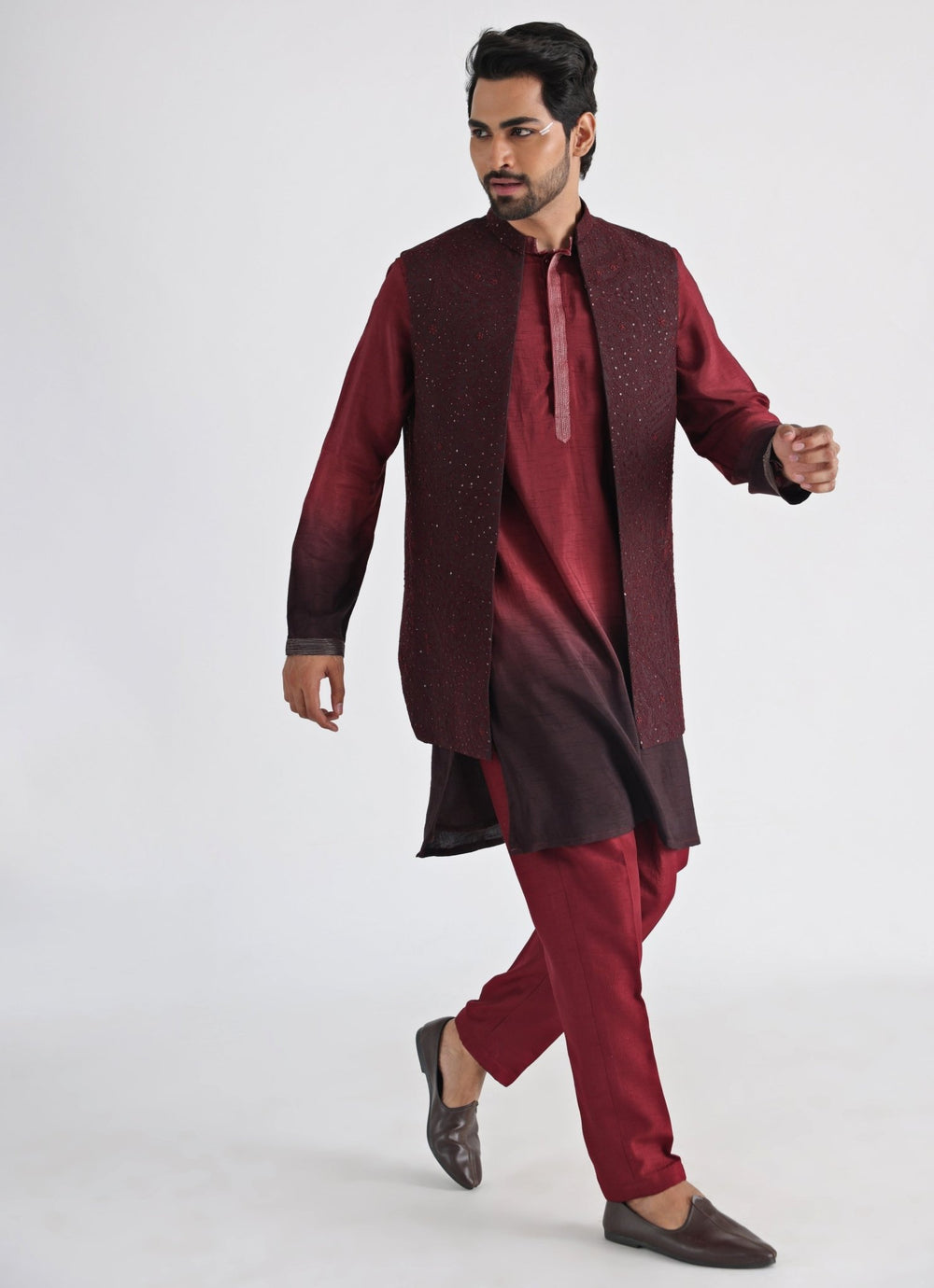 Brown Embroidered Silk Nehru Jacket Smriti - Fabilicious Fashion