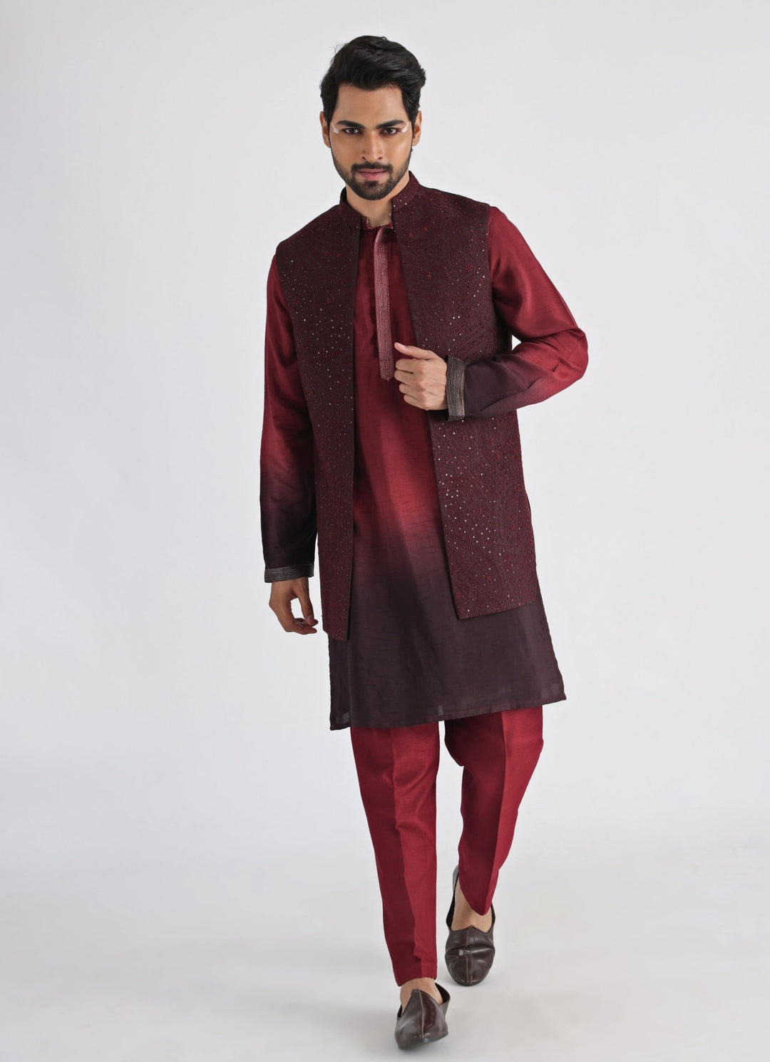 Brown Embroidered Silk Nehru Jacket Smriti - Fabilicious Fashion