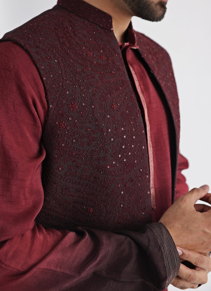 Brown Embroidered Silk Nehru Jacket Smriti - Fabilicious Fashion