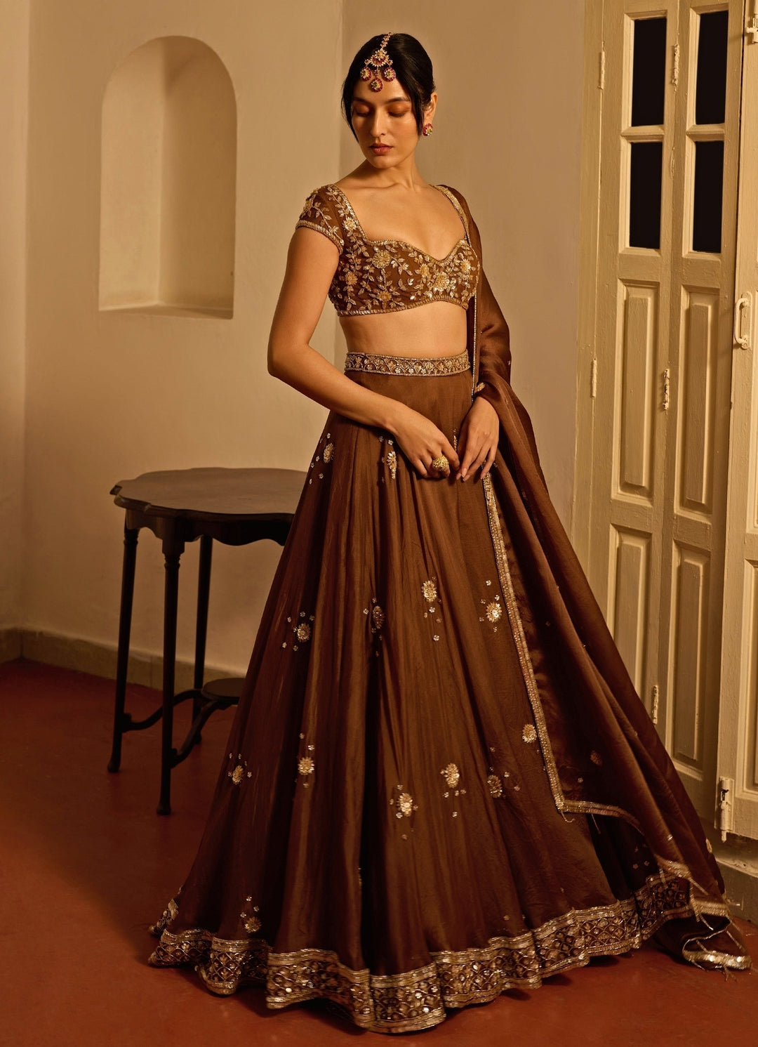 Brown Embroidered Silk Organza Lehenga Zoon Tribe - Fabilicious Fashion
