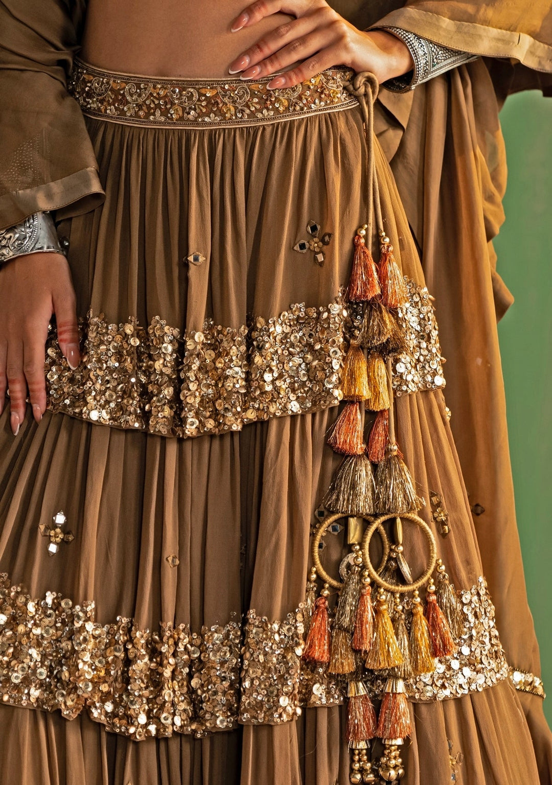 Brown Embroidered Tiered Lehenga Set Studio Bagechaa - Fabilicious Fashion