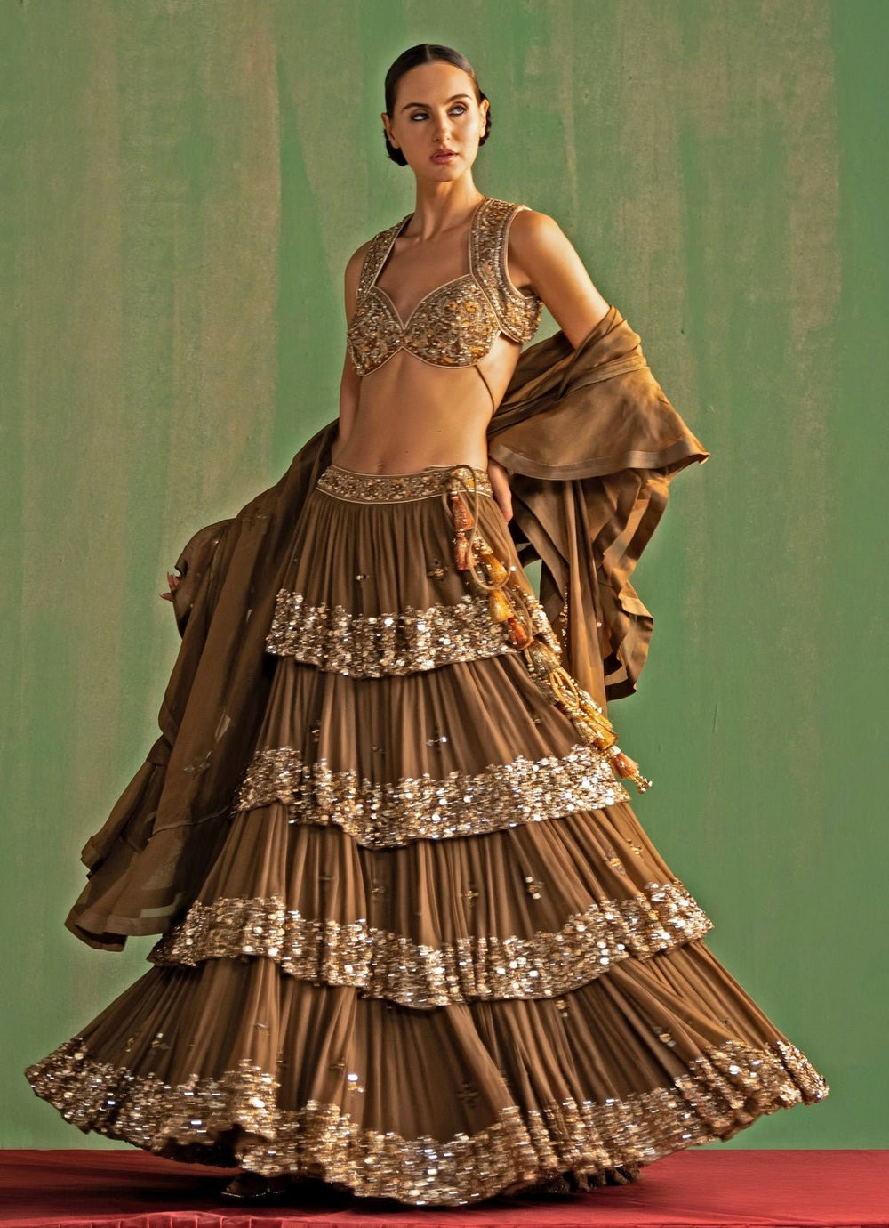 Brown Embroidered Tiered Lehenga Set Studio Bagechaa - Fabilicious Fashion