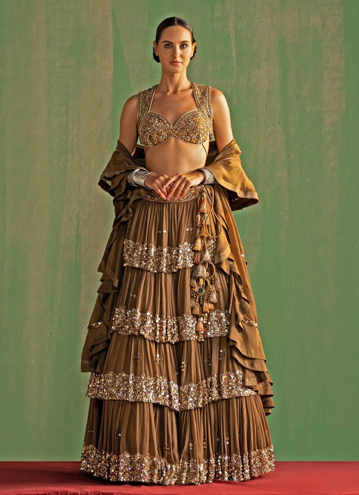 Brown Embroidered Tiered Lehenga Set Studio Bagechaa - Fabilicious Fashion