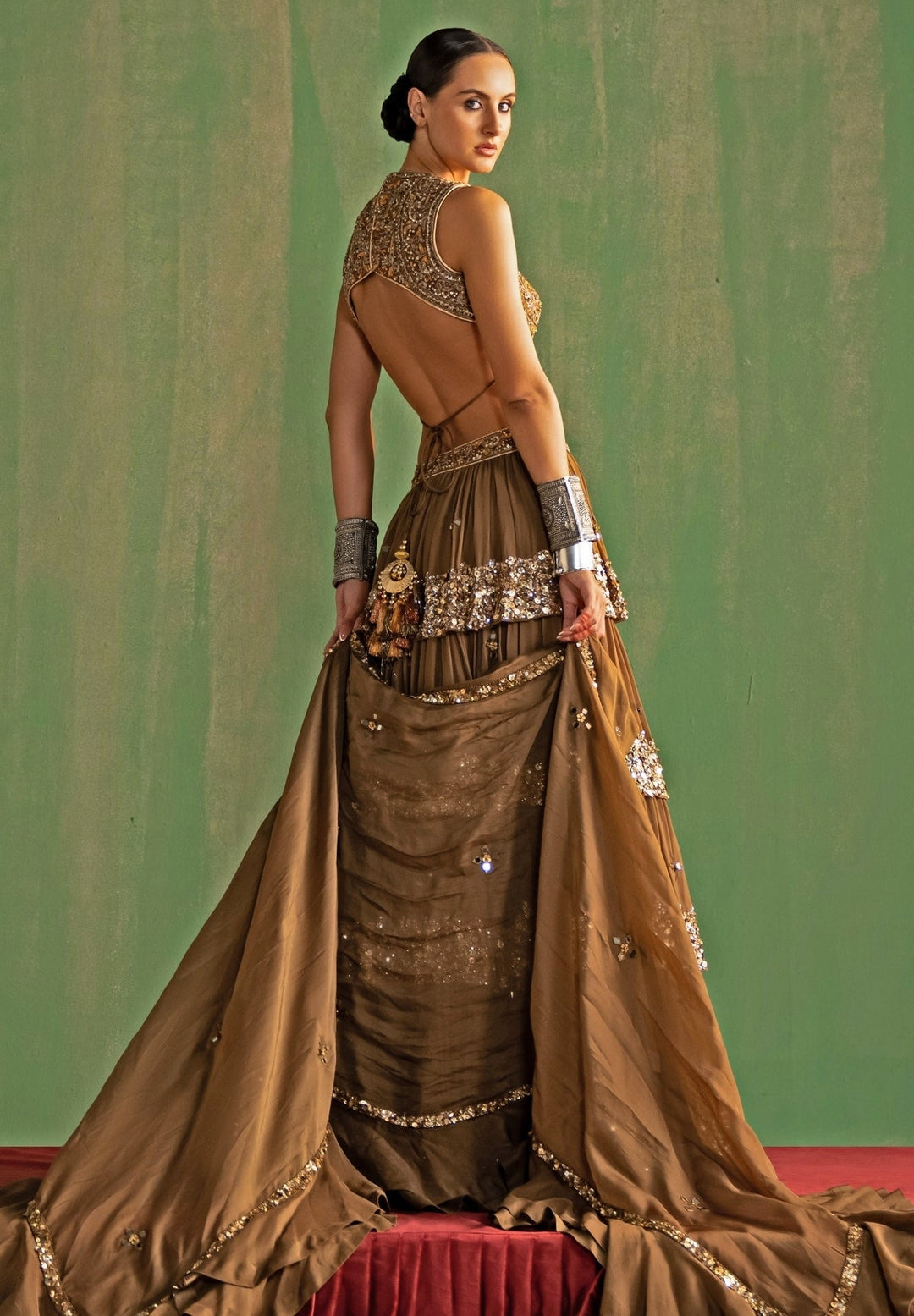 Brown Embroidered Tiered Lehenga Set Studio Bagechaa - Fabilicious Fashion