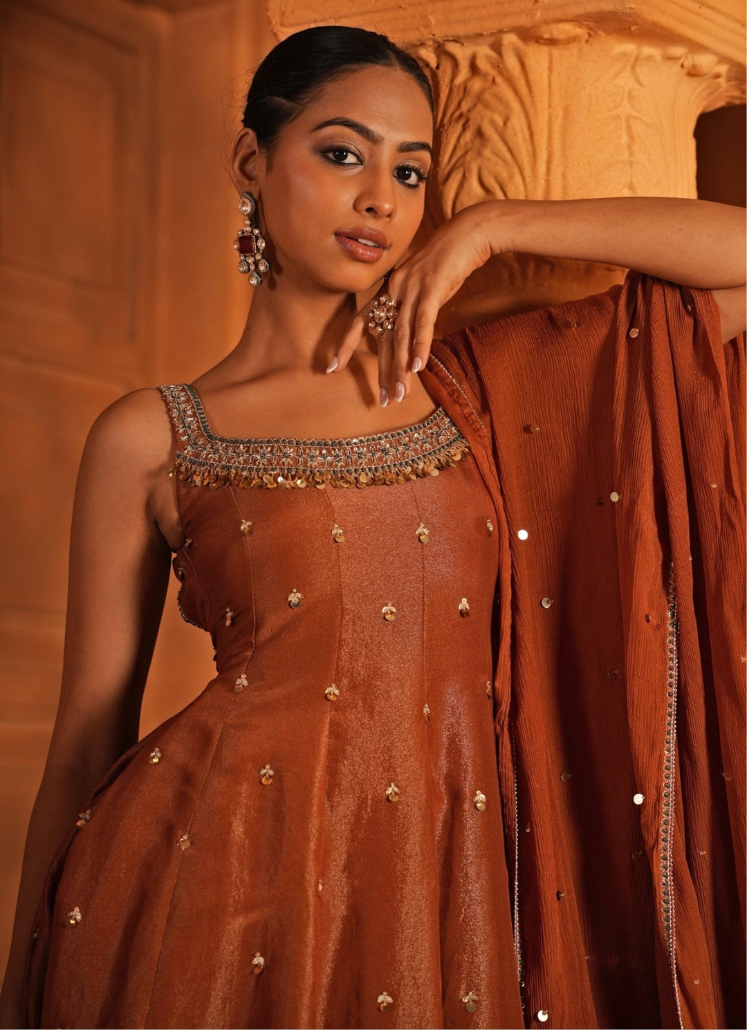 Brown Embroidered Zari Silk Anarkali Kurta Set Enamour by Radha - Fabilicious Fashion