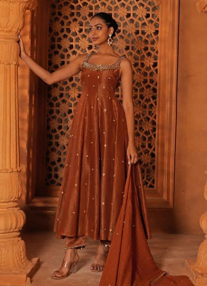 Brown Embroidered Zari Silk Anarkali Kurta Set Enamour by Radha - Fabilicious Fashion