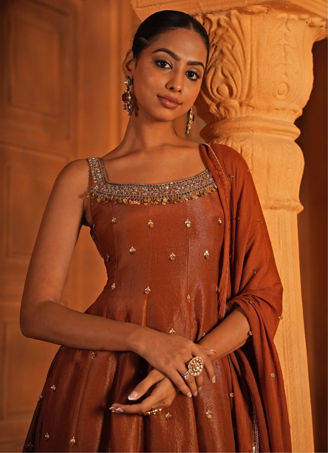 Brown Embroidered Zari Silk Anarkali Kurta Set Enamour by Radha - Fabilicious Fashion