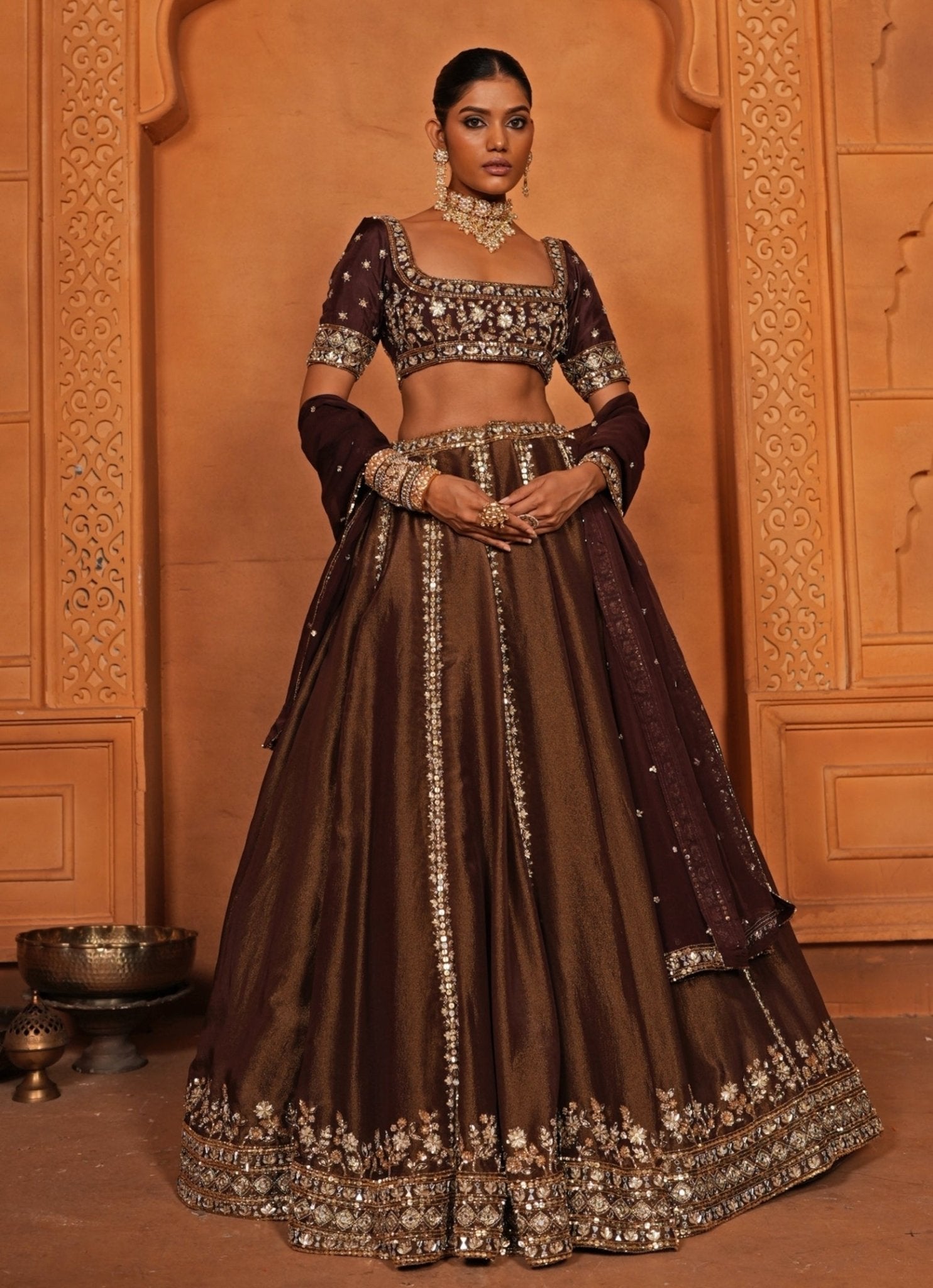 Brown embroidered zari silk lehenga for mother of the bride or groom