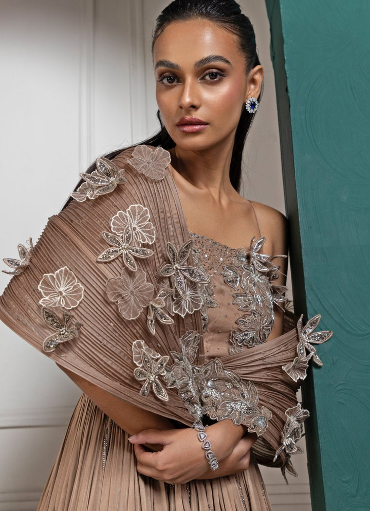 Brown Floral Appliques Embroidered Gown Smriti - Fabilicious Fashion