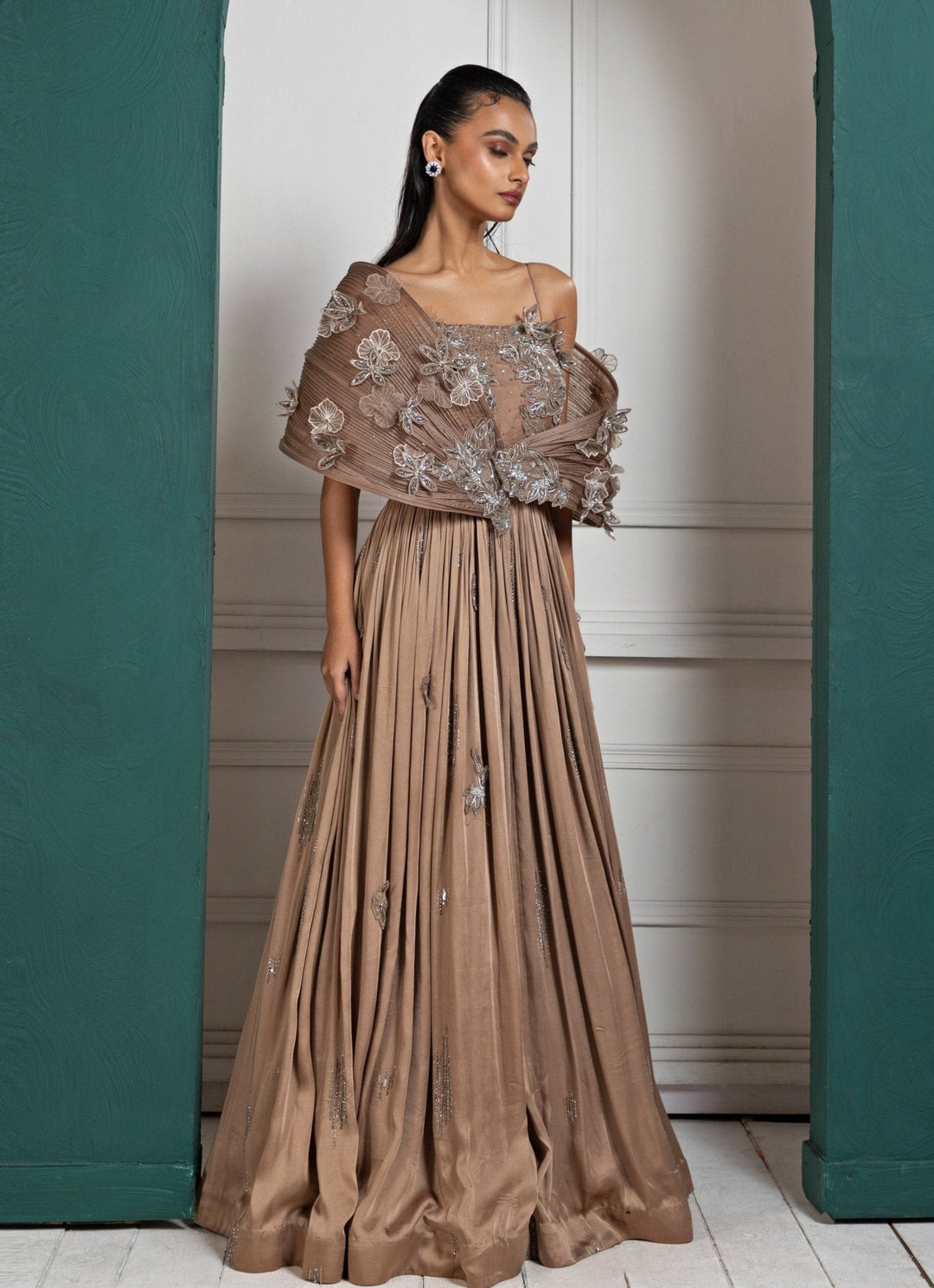 Brown Floral Appliques Embroidered Gown Smriti - Fabilicious Fashion