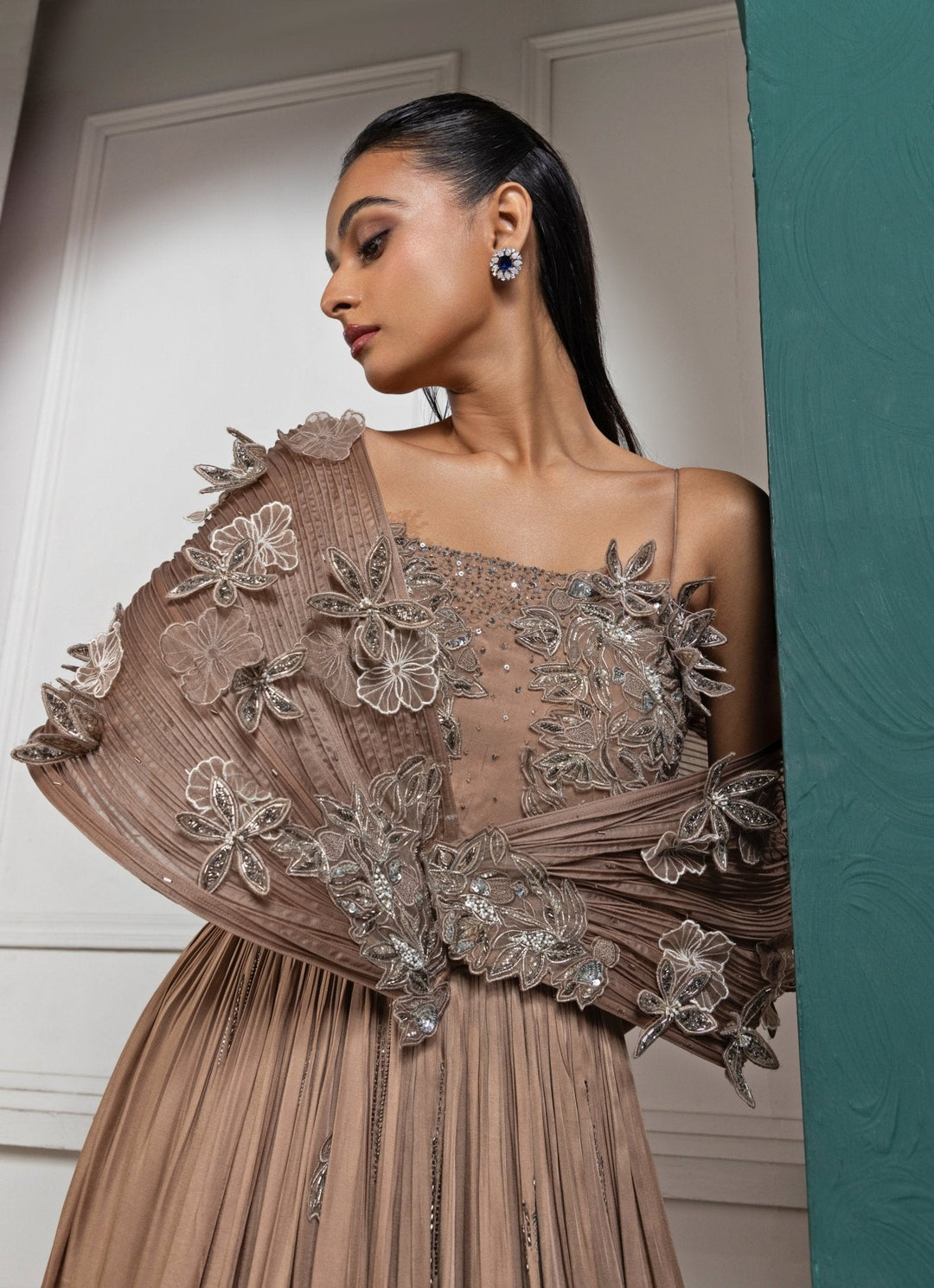 Brown Floral Appliques Embroidered Gown Smriti - Fabilicious Fashion