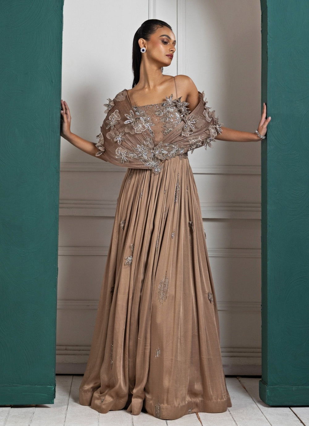 Brown Floral Appliques Embroidered Gown Smriti - Fabilicious Fashion