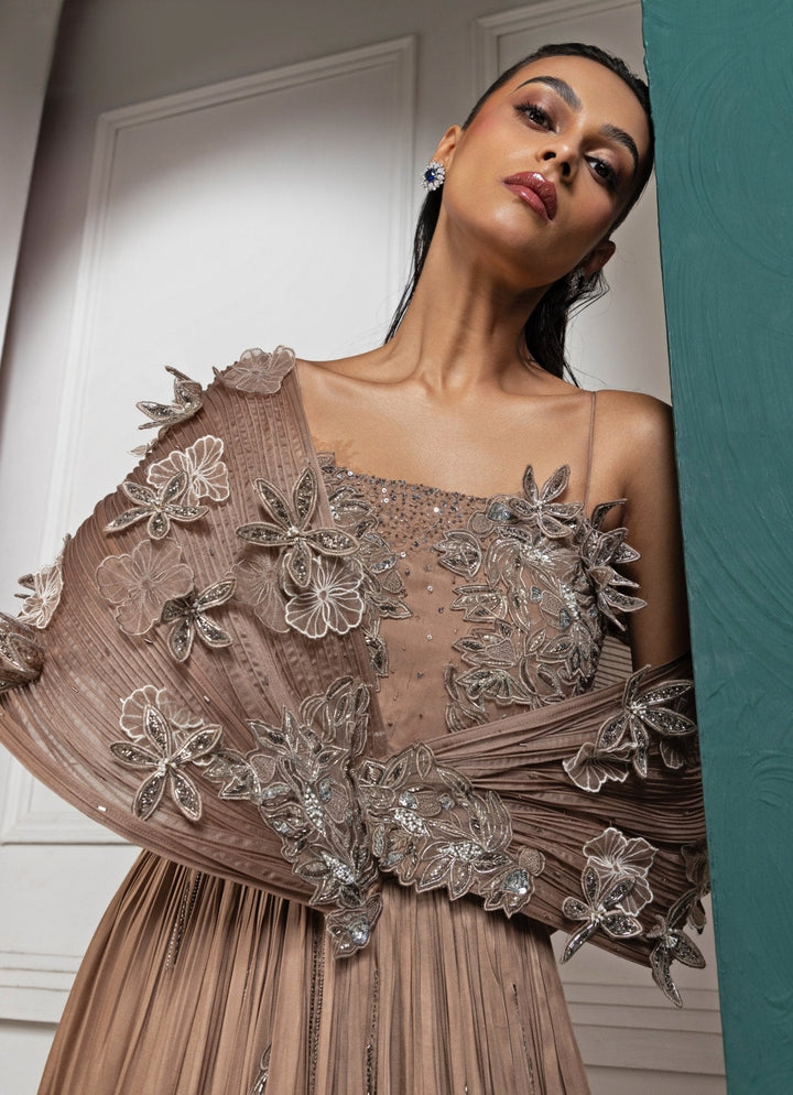Brown Floral Appliques Embroidered Gown Smriti - Fabilicious Fashion