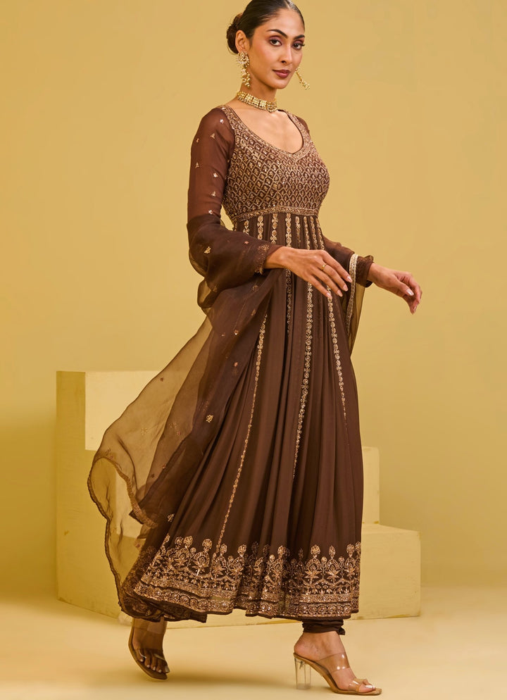 Esha Koul Brown Georgette Anarkali SetFabilicious Fashion