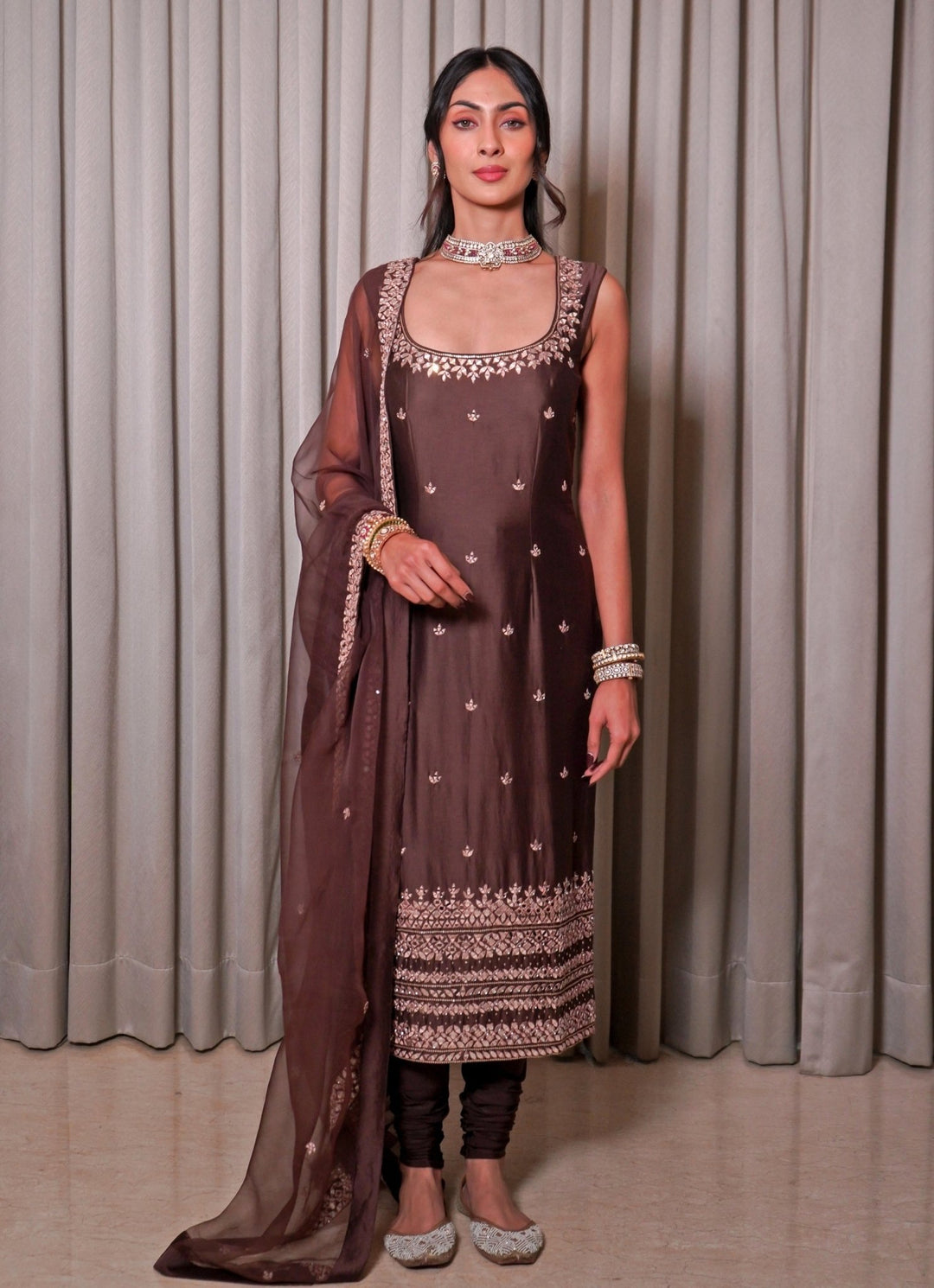 Brown Mirror Embroidered Chanderi Kurta Pants Set Esha Koul - Fabilicious Fashion