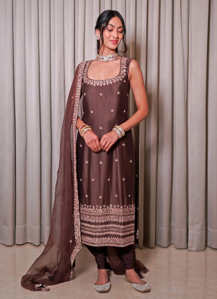 Brown Mirror Embroidered Chanderi Kurta Pants Set Esha Koul - Fabilicious Fashion