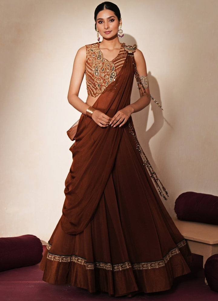 Brown Organza Lehenga Set With Draped Dupatta Isha Gupta Tayal - Fabilicious Fashion