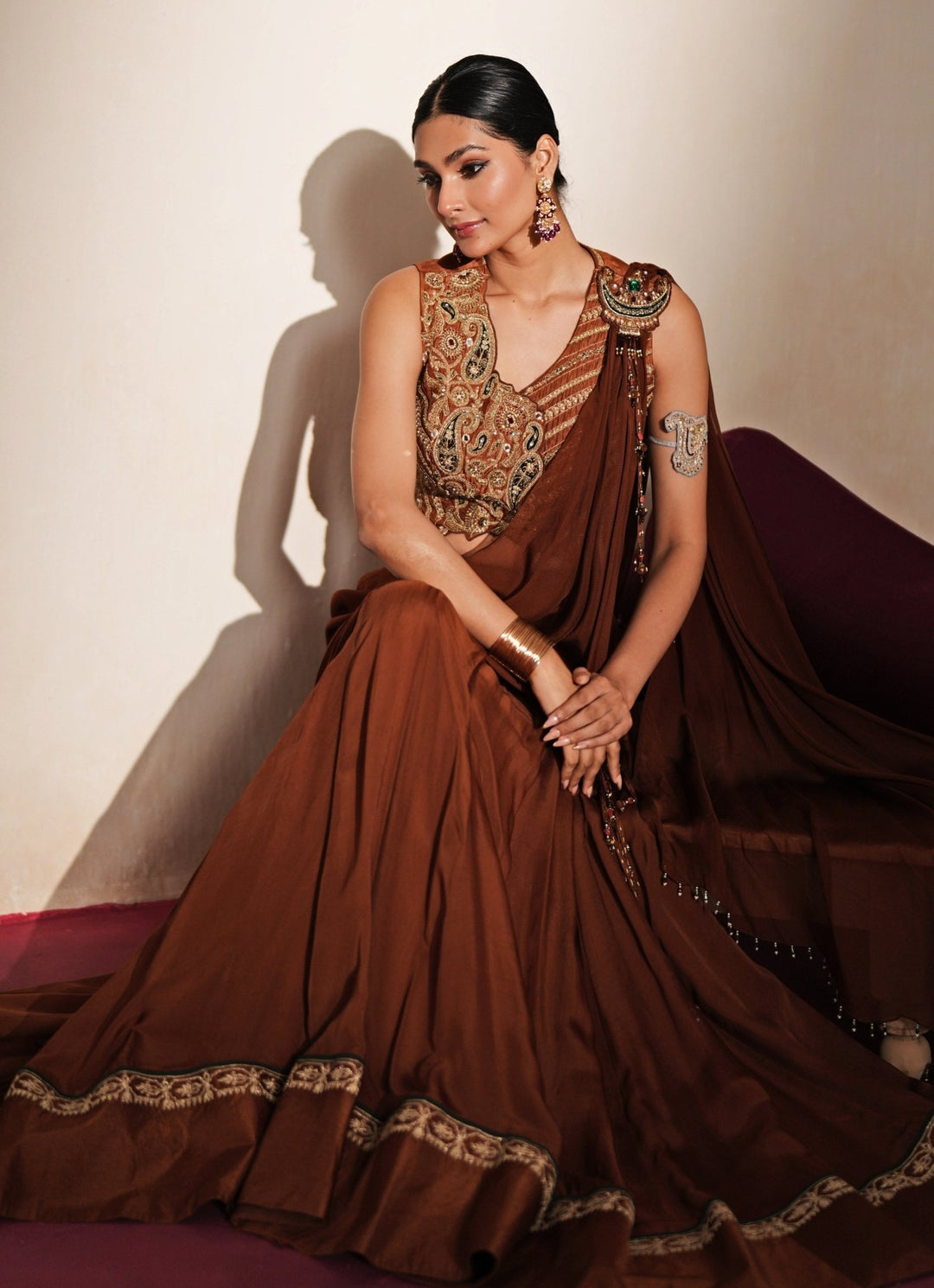 Brown Organza Lehenga Set With Draped Dupatta Isha Gupta Tayal - Fabilicious Fashion