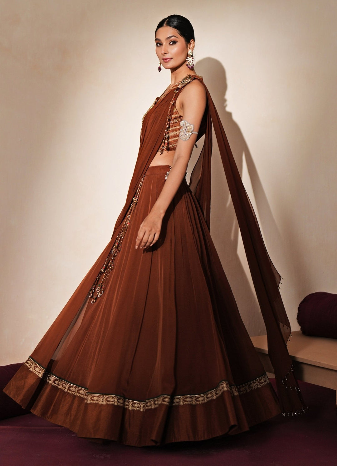 Brown Organza Lehenga Set With Draped Dupatta Isha Gupta Tayal - Fabilicious Fashion