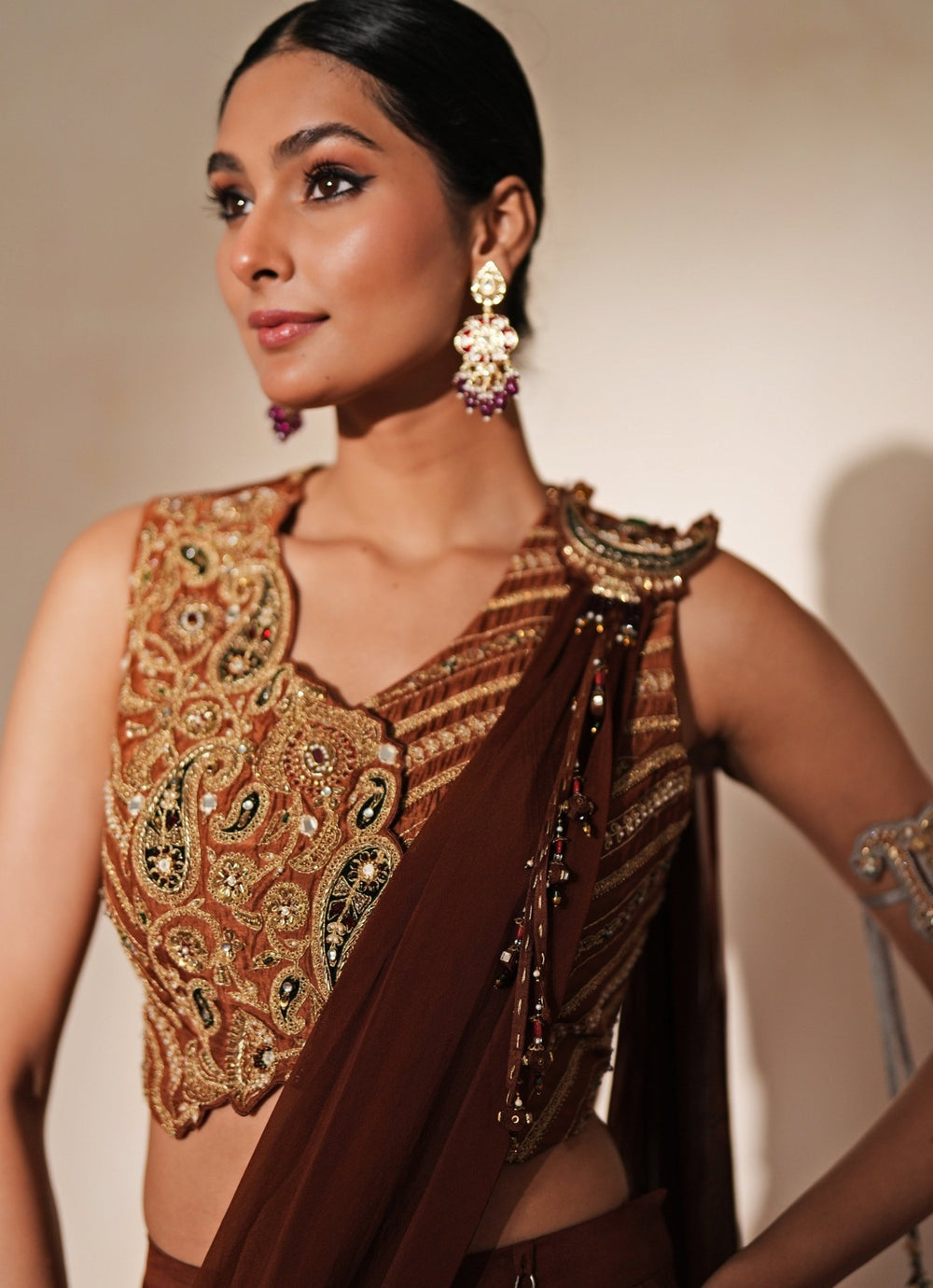 Brown Organza Lehenga Set With Draped Dupatta Isha Gupta Tayal - Fabilicious Fashion