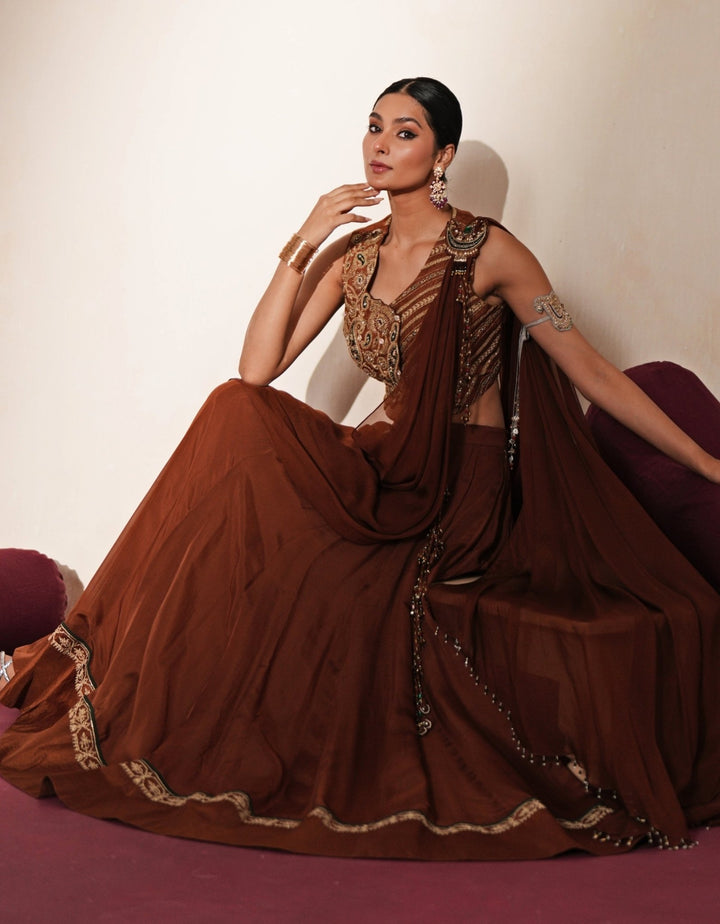 Brown Organza Lehenga Set With Draped Dupatta Isha Gupta Tayal - Fabilicious Fashion
