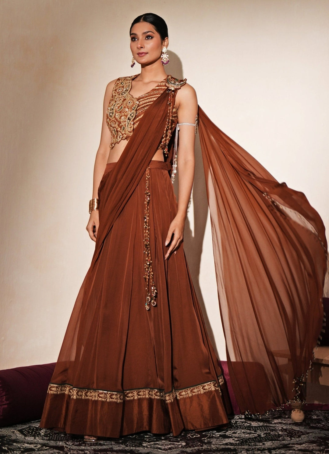 Brown Organza Lehenga Set With Draped Dupatta Isha Gupta Tayal - Fabilicious Fashion