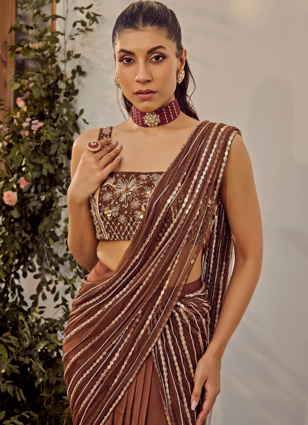 Brown Pre - Draped Georgette Saree Parul Gandhi - Fabilicious Fashion
