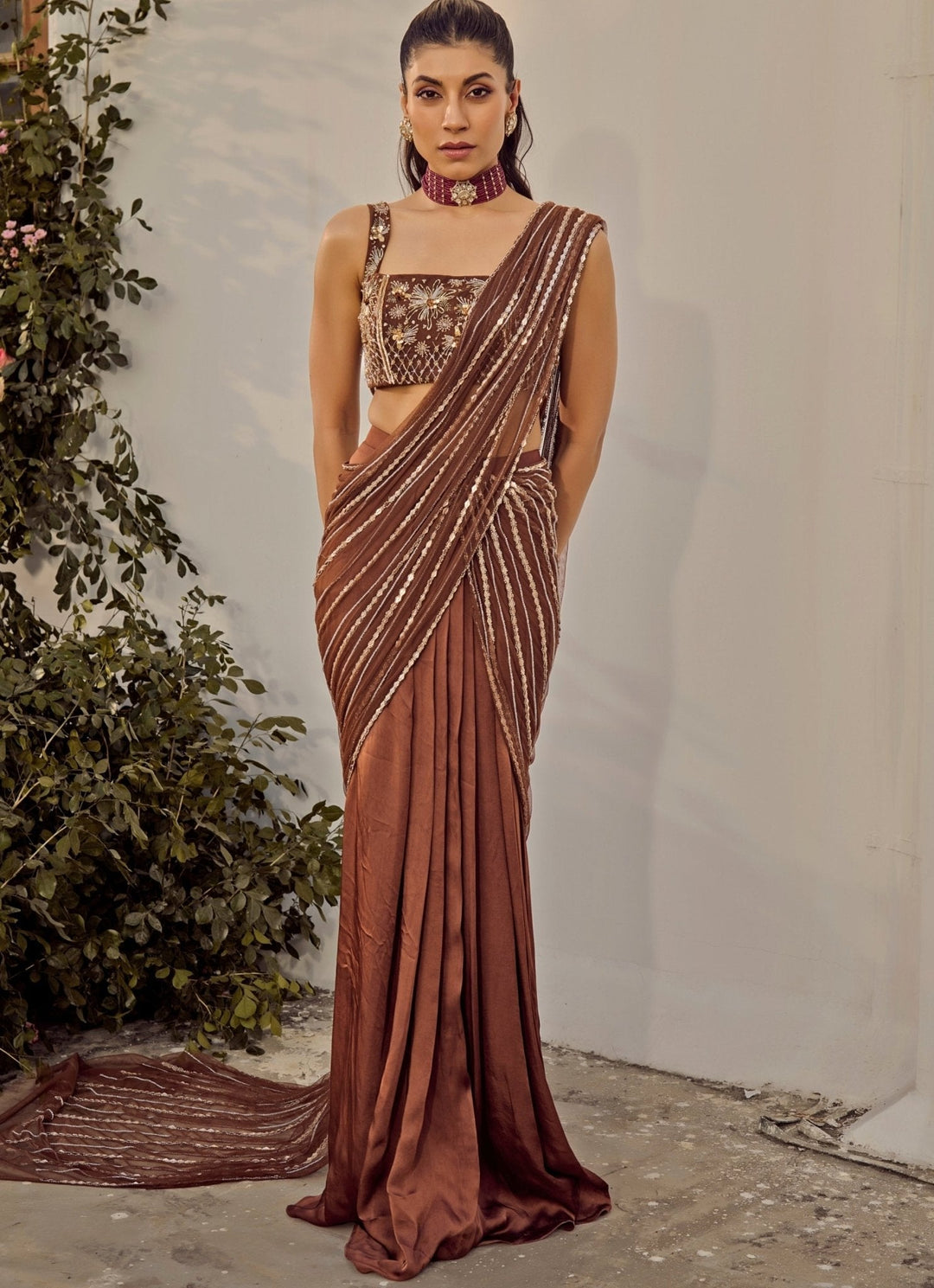 Brown Pre - Draped Georgette Saree Parul Gandhi - Fabilicious Fashion