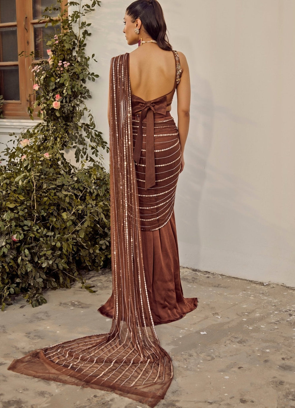 Brown Pre - Draped Georgette Saree Parul Gandhi - Fabilicious Fashion