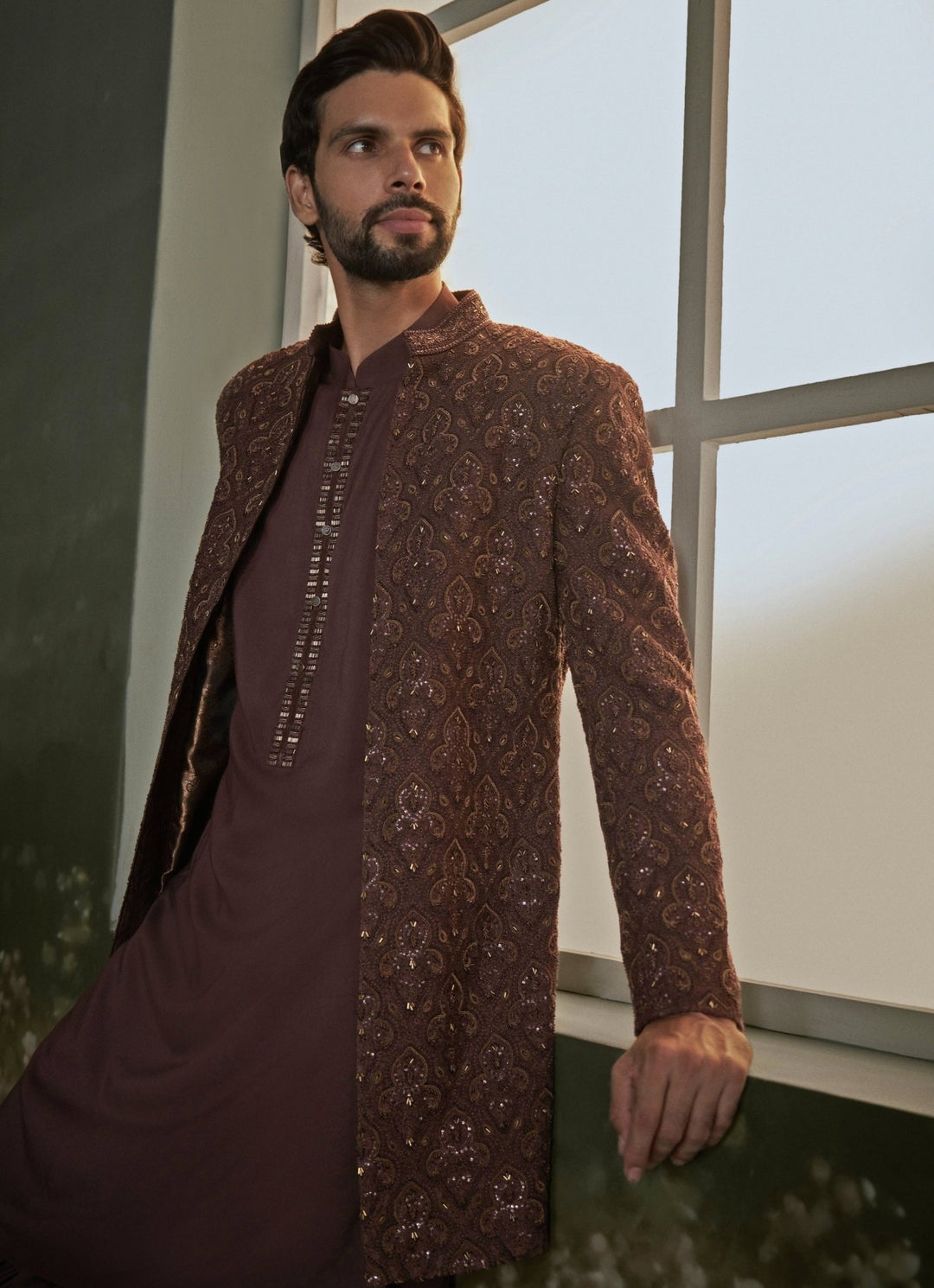 Brown Raw Silk Sherwani Set Nitika Gujral - Men - Fabilicious Fashion