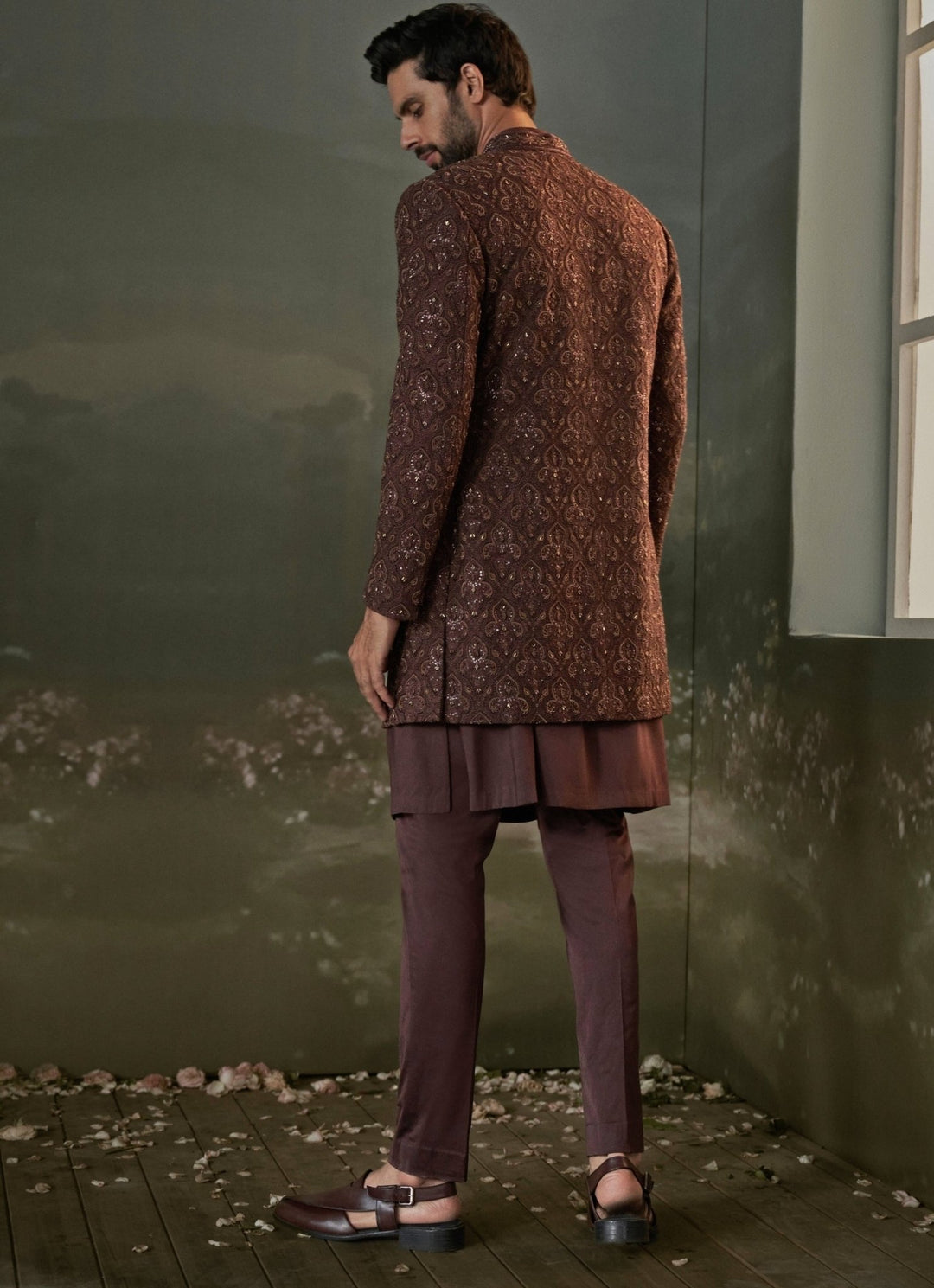 Brown Raw Silk Sherwani Set Nitika Gujral - Men - Fabilicious Fashion