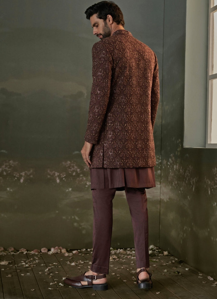 Brown Raw Silk Sherwani Set Nitika Gujral - Men - Fabilicious Fashion