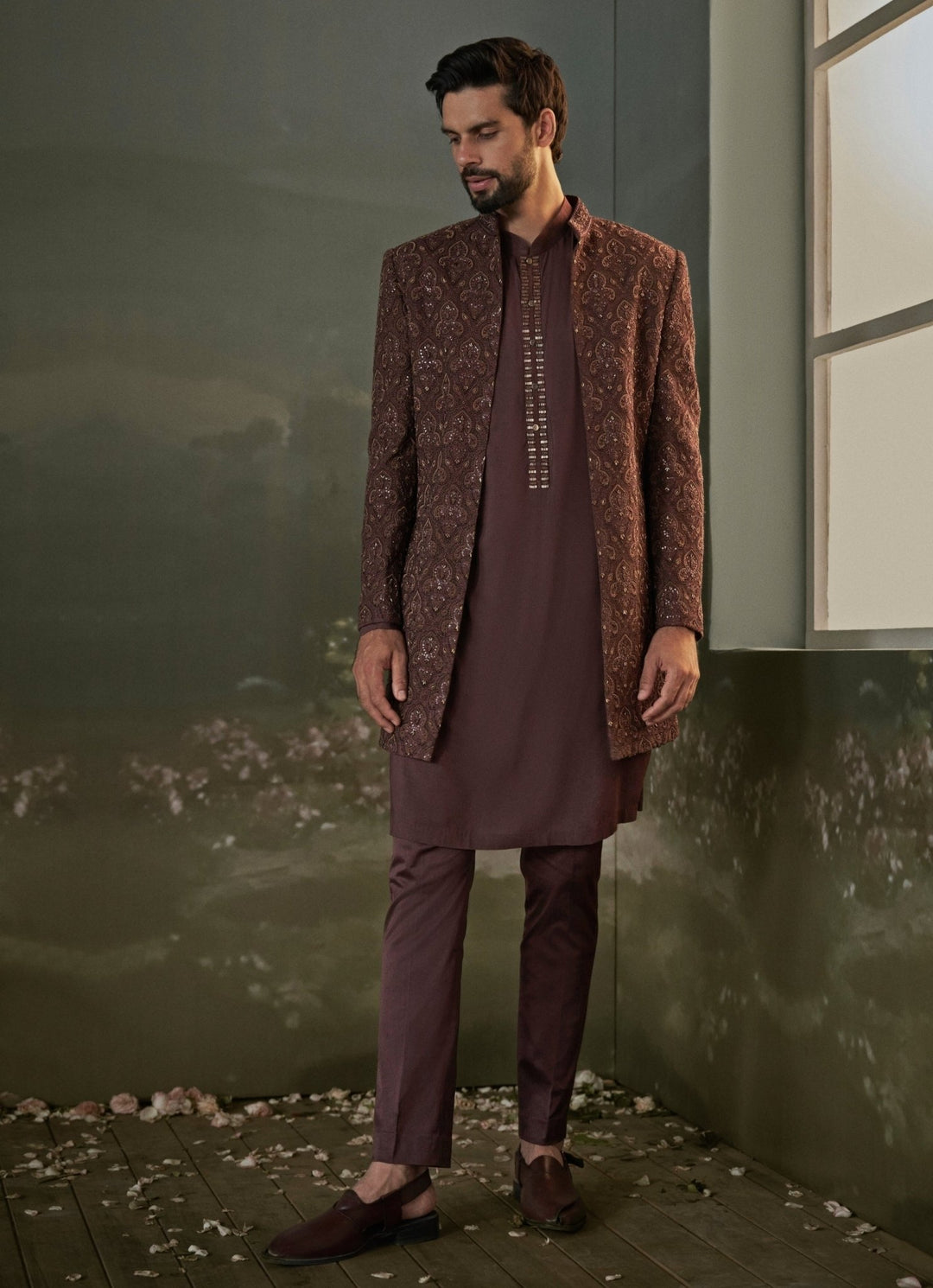 Brown Raw Silk Sherwani Set Nitika Gujral - Men - Fabilicious Fashion
