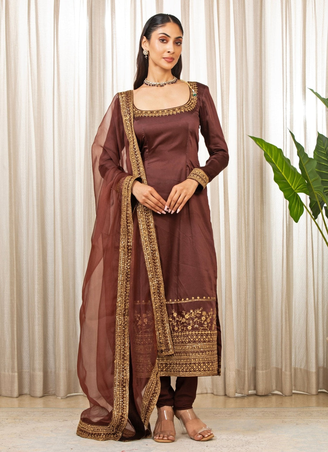 Brown Satin Long Kurta Churidar Set Esha Koul - Fabilicious Fashion