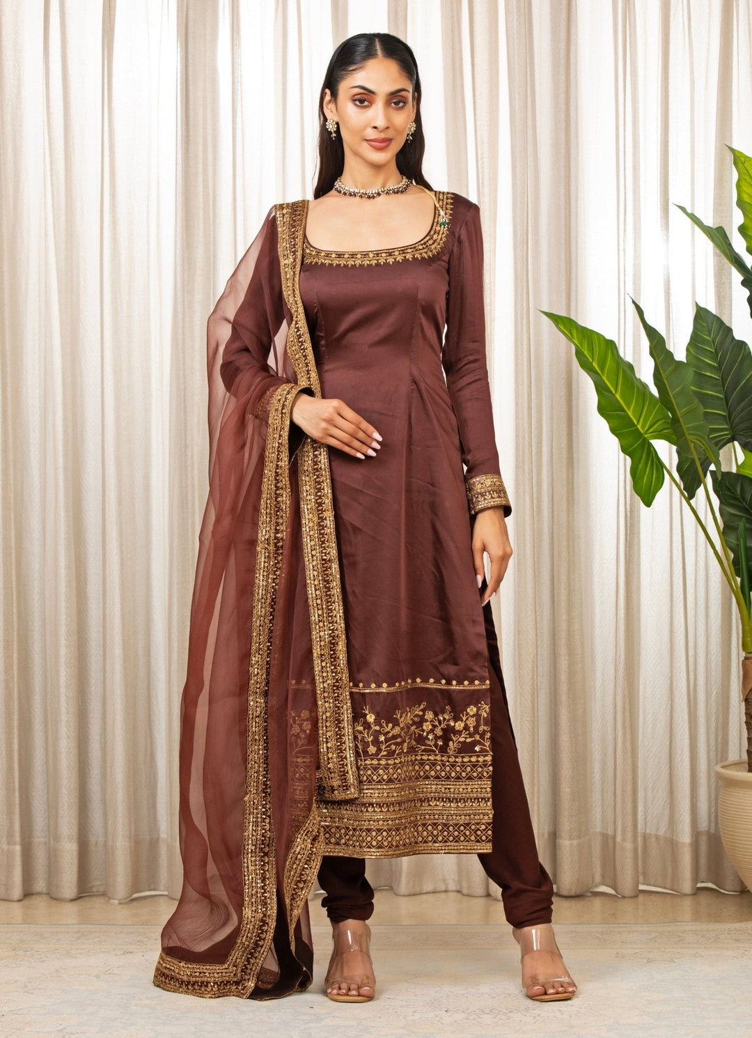 Brown Satin Long Kurta Churidar Set Esha Koul - Fabilicious Fashion
