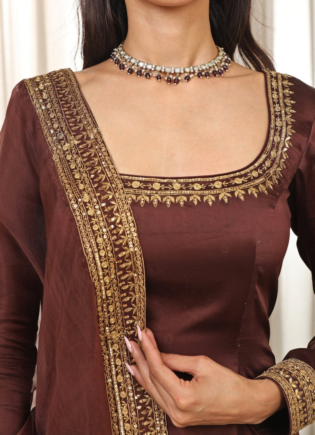 Brown Satin Long Kurta Churidar Set Esha Koul - Fabilicious Fashion