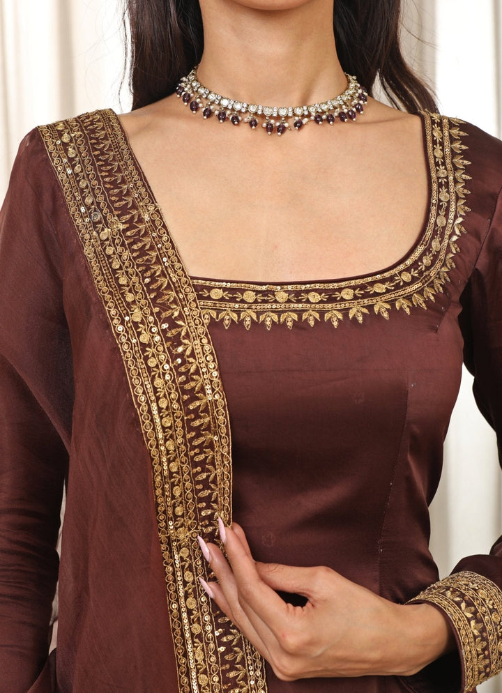Brown Satin Long Kurta Churidar Set Esha Koul - Fabilicious Fashion