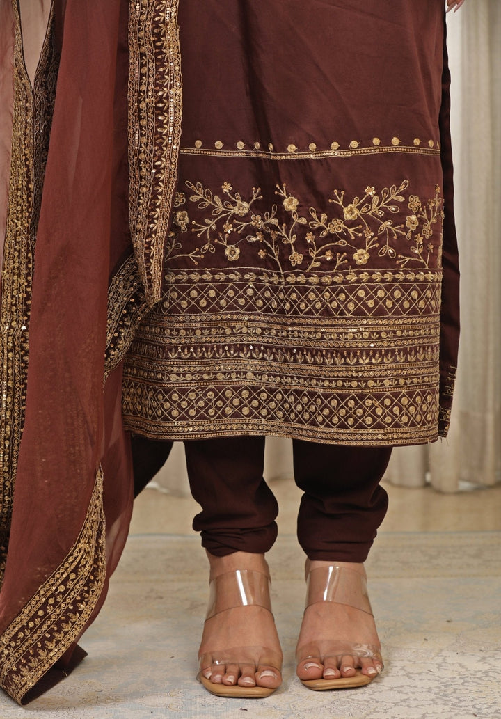Brown Satin Long Kurta Churidar Set Esha Koul - Fabilicious Fashion