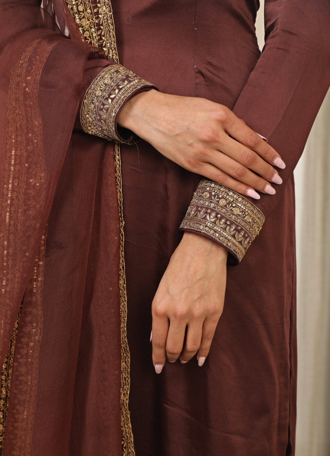Brown Satin Long Kurta Churidar Set Esha Koul - Fabilicious Fashion