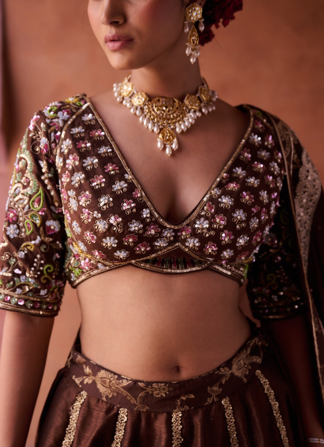 Brown Sequinned Silk Lehenga Set KAPDA DORI - Fabilicious Fashion