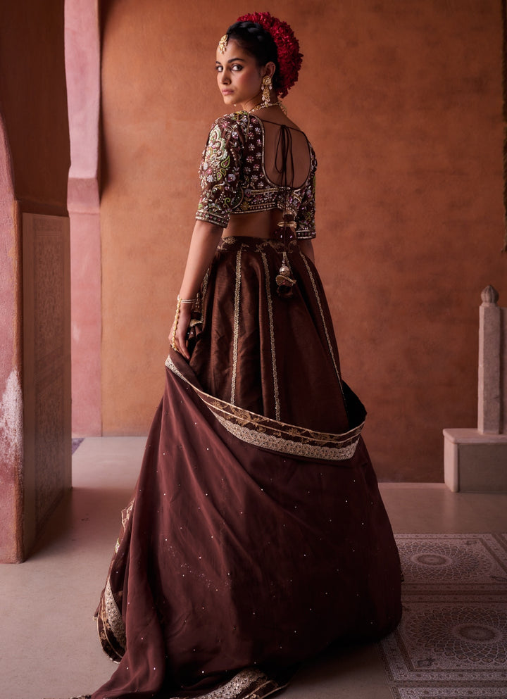 Brown Sequinned Silk Lehenga Set KAPDA DORI - Fabilicious Fashion