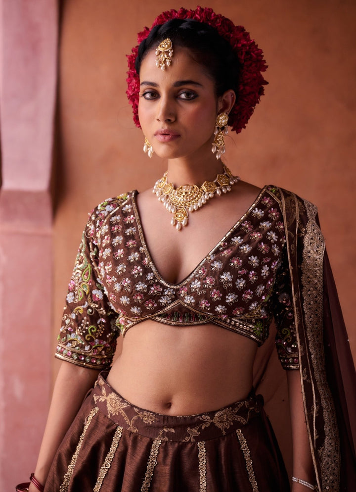 Brown Sequinned Silk Lehenga Set KAPDA DORI - Fabilicious Fashion