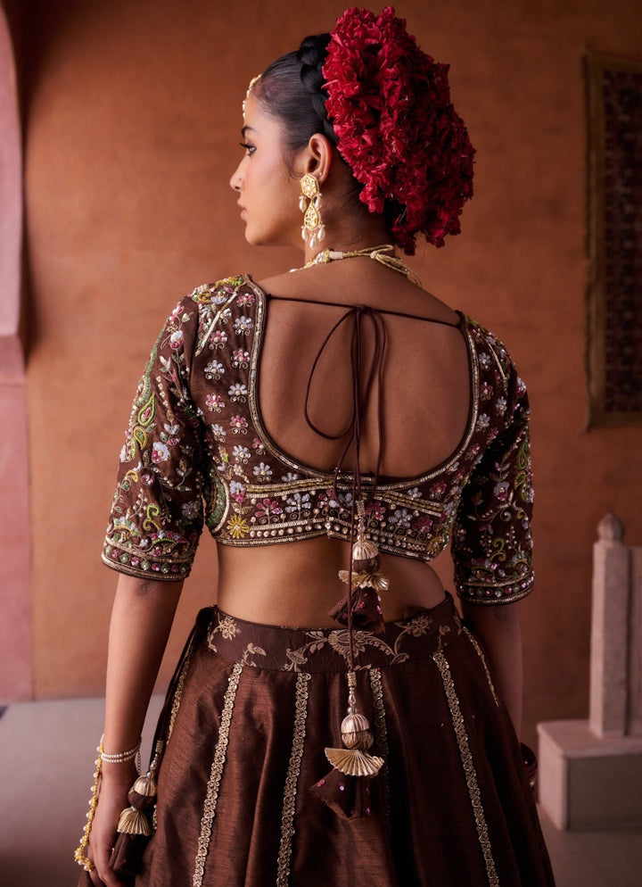 Brown Sequinned Silk Lehenga Set KAPDA DORI - Fabilicious Fashion