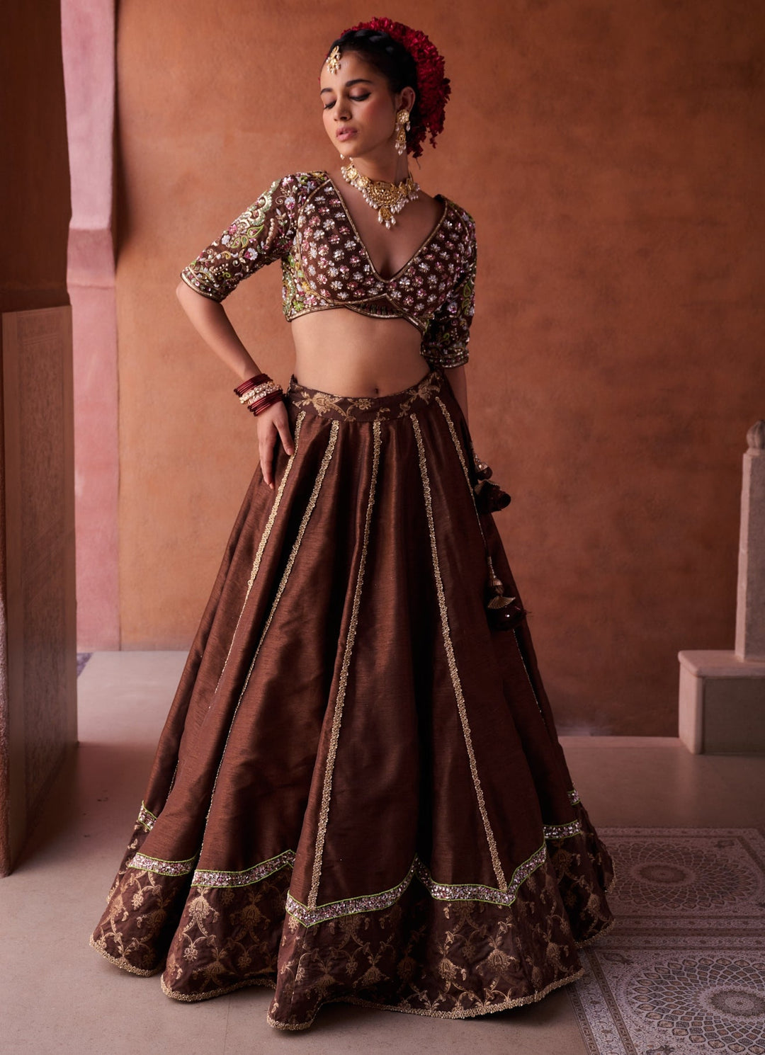 Brown Sequinned Silk Lehenga Set KAPDA DORI - Fabilicious Fashion