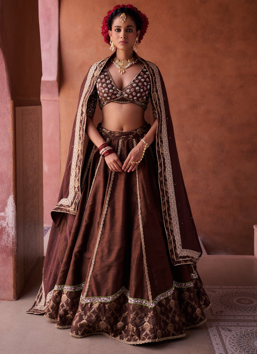Brown Sequinned Silk Lehenga Set KAPDA DORI - Fabilicious Fashion