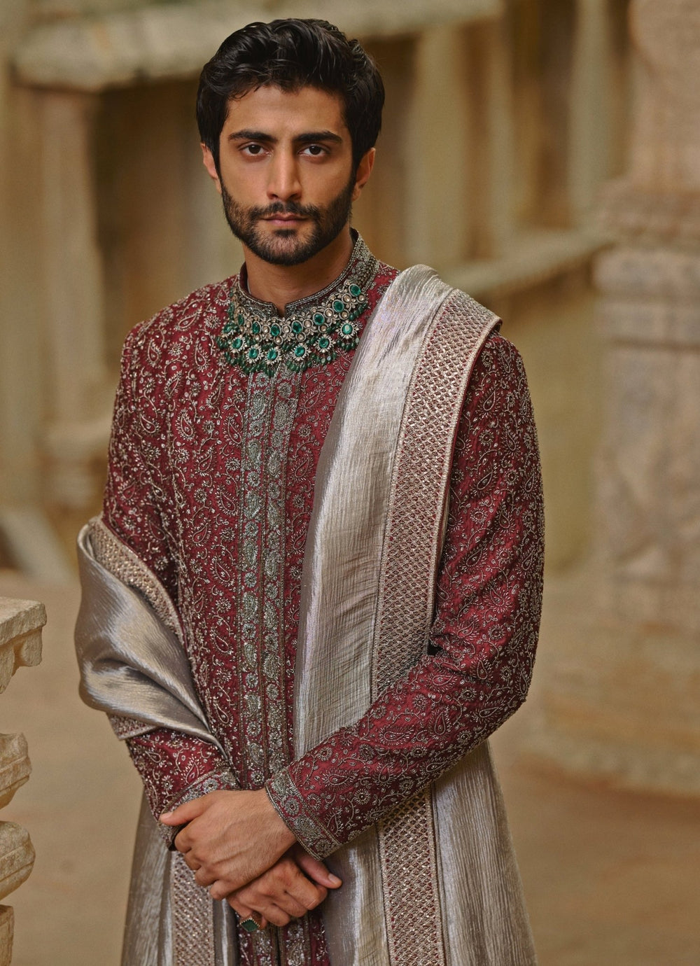 Burgundy Purple and Grey Raw Silk Sherwani Set Nitika Gujral - Men - Fabilicious Fashion