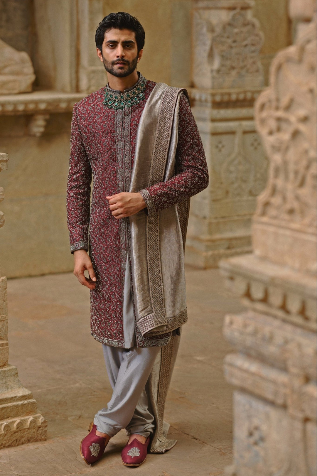 Burgundy Purple and Grey Raw Silk Sherwani Set Nitika Gujral - Men - Fabilicious Fashion