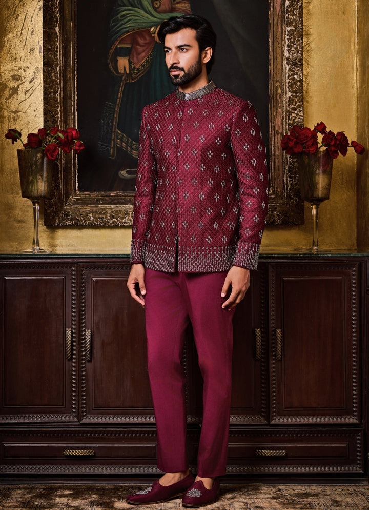 Burgundy Purple Raw Silk Jodhpuri Set Nitika Gujral - Men - Fabilicious Fashion