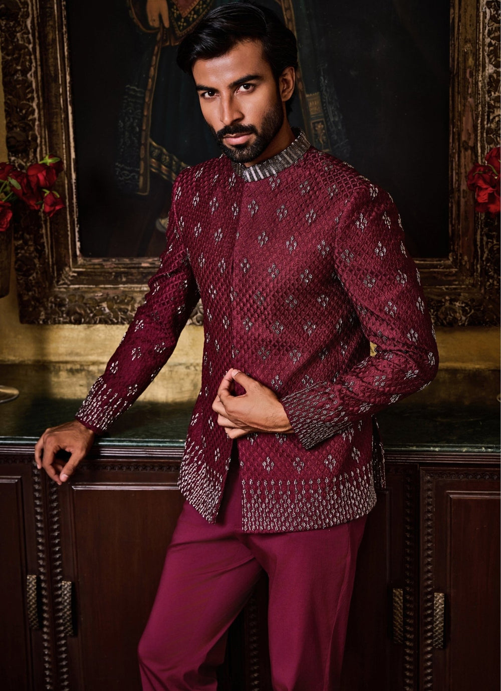 Burgundy Purple Raw Silk Jodhpuri Set Nitika Gujral - Men - Fabilicious Fashion